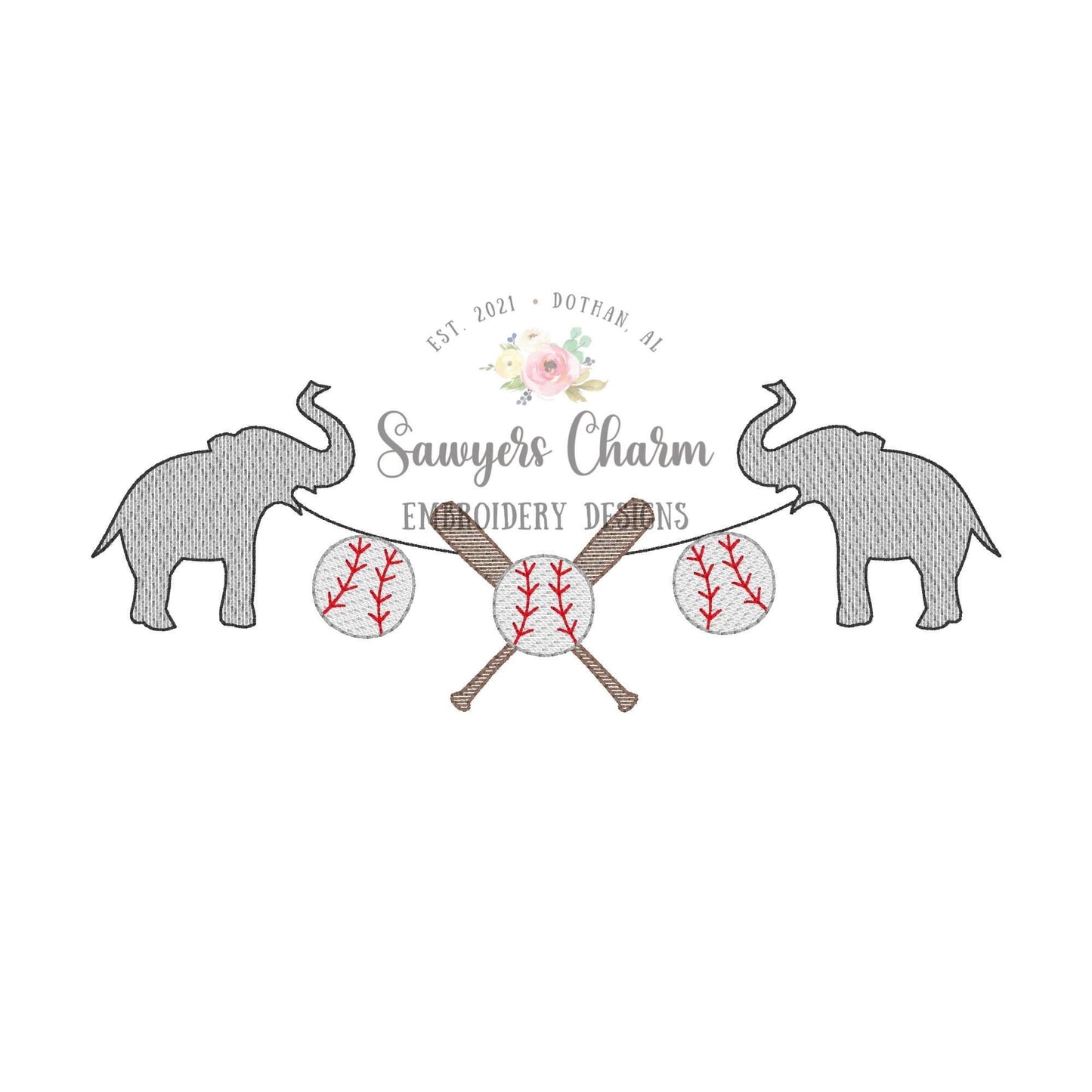 BUNDLE Elephant mascot baseball/bats bunting banner with and without bows sketch stitch embroidery design file, college university, softball