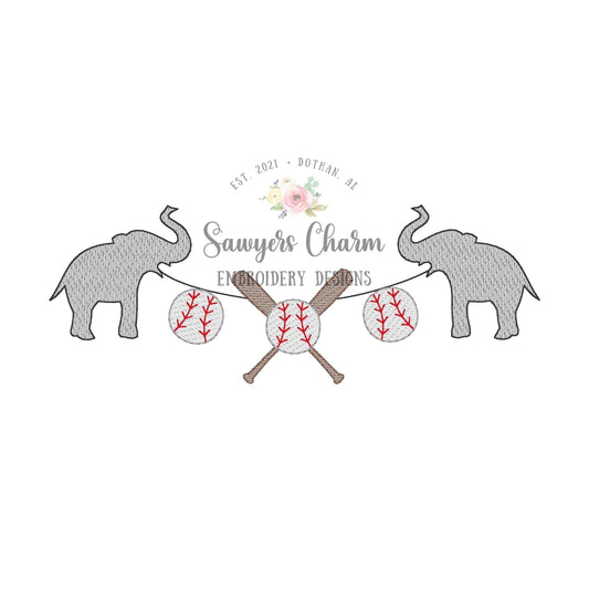 BUNDLE Elephant mascot baseball/bats bunting banner with and without bows sketch stitch embroidery design file, college university, softball