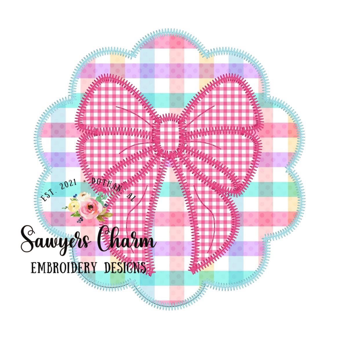 BUNDLE Scallop patch with bow bean & zigzag stitch machine applique, embroidery design file, quick stitch, coquette, girls, hair ribbon