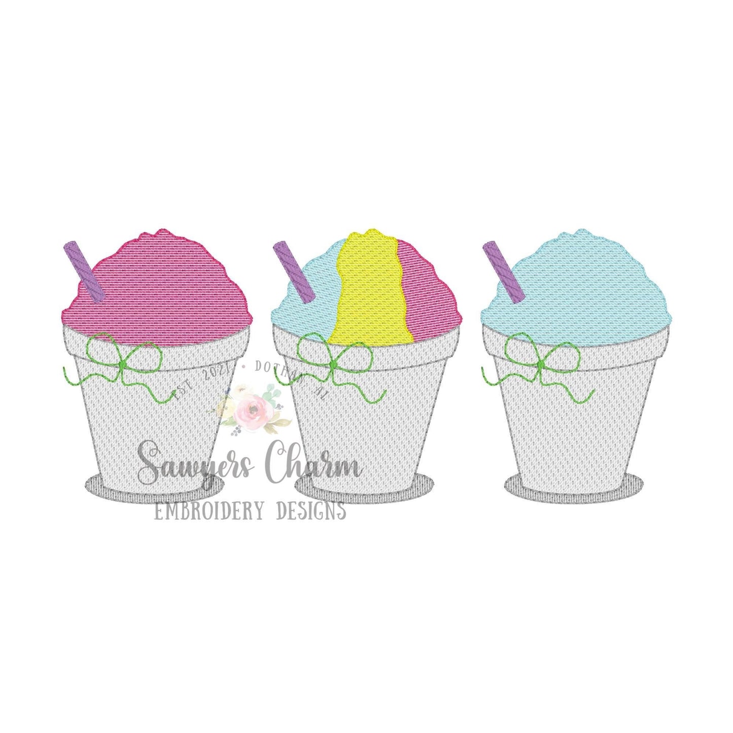 BUNDLE Snoball in cup with straw trio, with/without bow sketch stitch machine embroidery design, summer, spring, snacks, ice cream snow cone