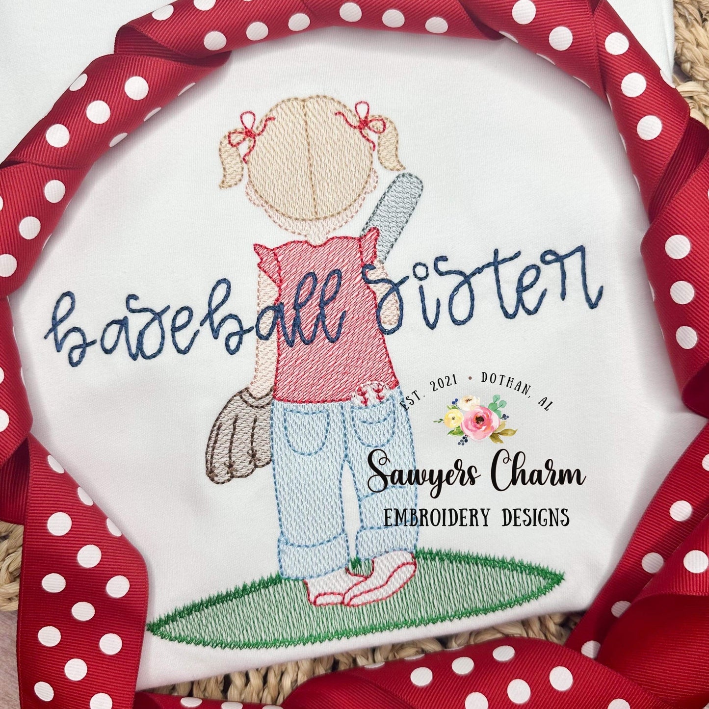 Little girl with pigtails, bows, baseball, bat, glove, sketch stitch machine embroidery design file, quick stitch, spring summer, outdoors