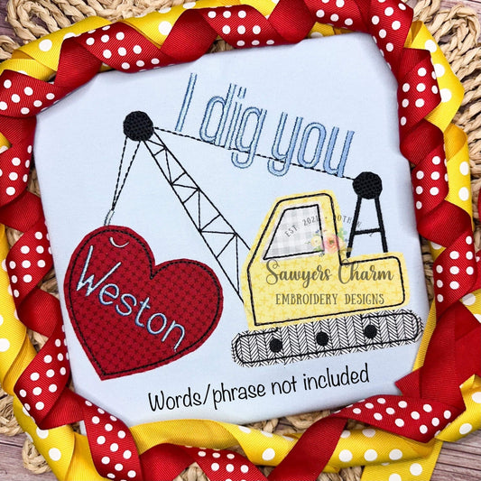 Crane with heart bean stitch machine applique embroidery design file, quick stitch, construction digger truck transportation Valentine's Day