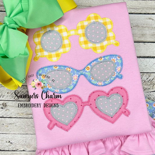 Retro summer sunglasses trio zig zag applique, machine embroidery design file, sunnies, shades, vintage, quick stitch, beach, flowers