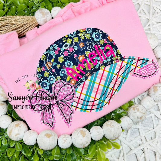 BUNDLE Ball cap/hat with bow bean & zig zag stitch machine embroidery applique design file, ballgame, sports, quick stitch, little girl