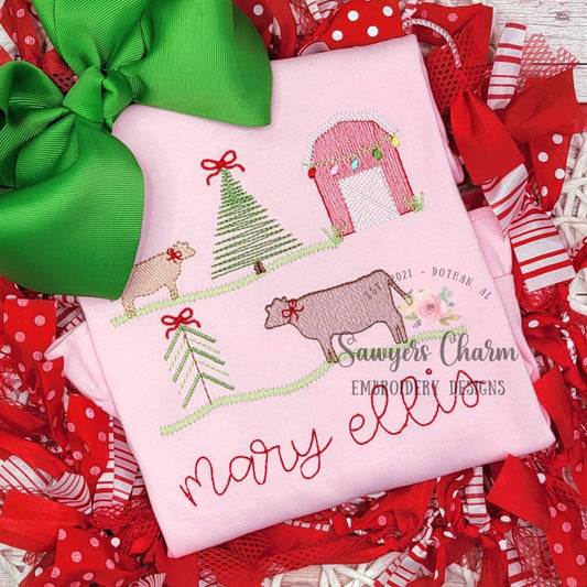 BUNDLE Christmas farm with two cows with stars & bow sketch stitch machine embroidery design file quick stitch, farm animals, rustic