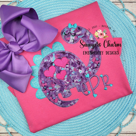 BUNDLE Girl dinosaur with bow & heart spots bean and zig zag stitch applique, machine embroidery design file, love, hugs/kisses, Valentine