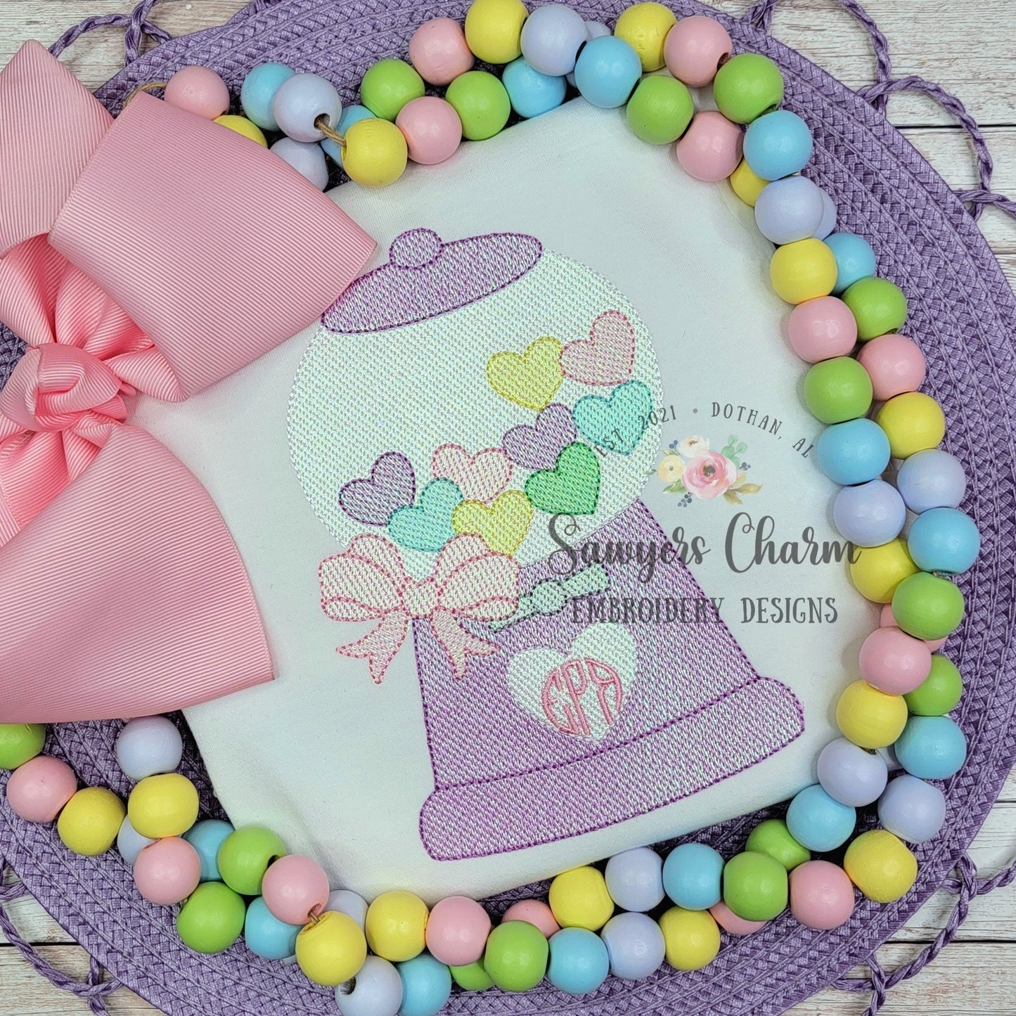 Heart gumball machine with bow sketch stitch embroidery design file, Valentine's Day, love, hugs and kisses, candy hearts