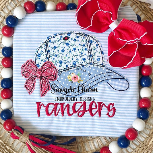 BUNDLE Ball cap/hat with bow bean & zig zag stitch machine embroidery applique design file, ballgame, sports, quick stitch, little girl