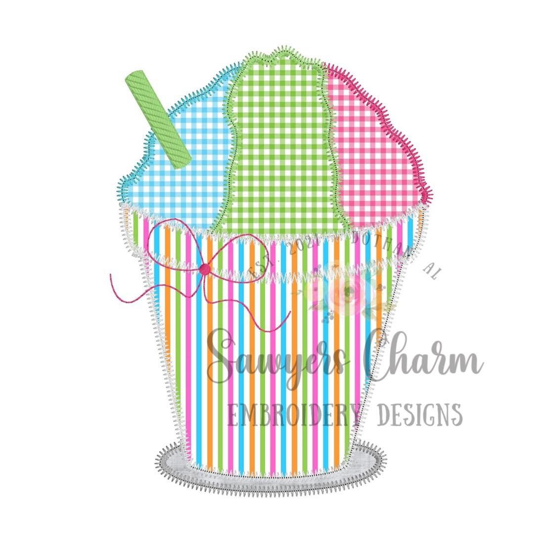 BUNDLE Snoball in cup with straw, with/without bow bean & zigzag machine applique design, summer, spring, snacks, ice cream snow cone