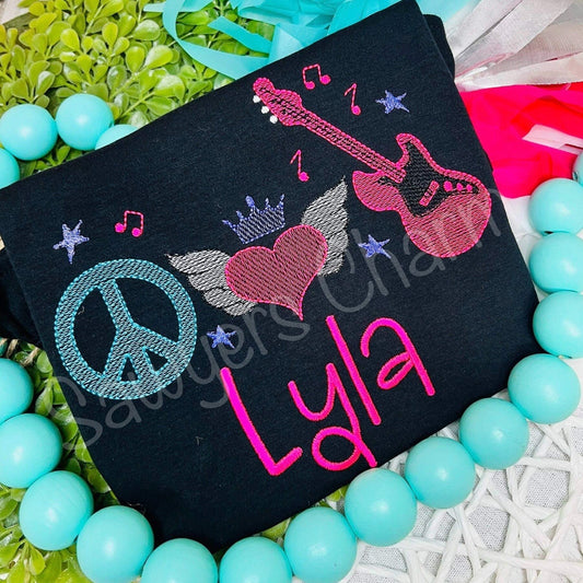 BUNDLE Peace, heart with wings & crown, electric guiart trio sketch stitch machine embroidery design, with/without stars and music notes