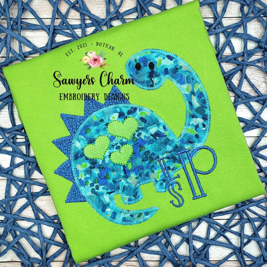 BUNDLE Boy dinosaur with heart spots bean and zig zag stitch applique, machine embroidery design file, love, hugs/kisses, Valentine's Day