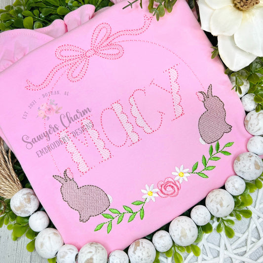 Floral bunny monogram frame with bow, satin stitch/sketch stitch machine embroidery design file, quick stitch, flowers, laurel swag, spring