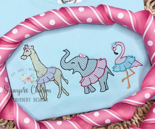 Zoo/jungle/safari animals in tutus with bows sketch stitch trio, machine embroidery design file, quick stitch, giraffe, elephant, flamingo