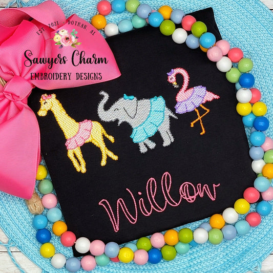 Zoo/jungle/safari animals in tutus with bows sketch stitch trio, machine embroidery design file, quick stitch, giraffe, elephant, flamingo