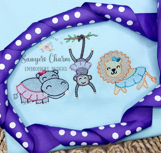 Zoo/jungle/safari animals in tutus with bows sketch stitch trio, machine embroidery design file, quick stitch, hippo, monkey on vine, lion