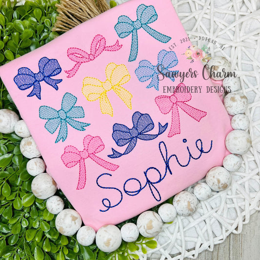 Grid of 9 bows sketch stitch with bean stitch details, machine embroidery design file, quick stitch, vintage retro, coquette, girl ribbons