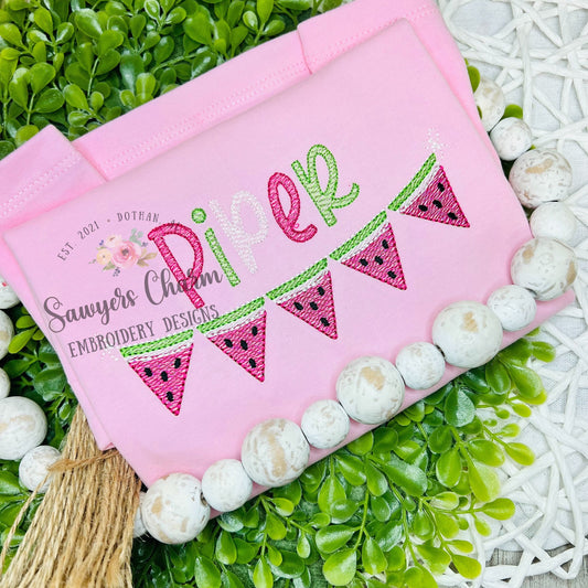 Watermelon sketch bunting banner machine embroidery design file, quick stitch, bean stitch with bows, summer