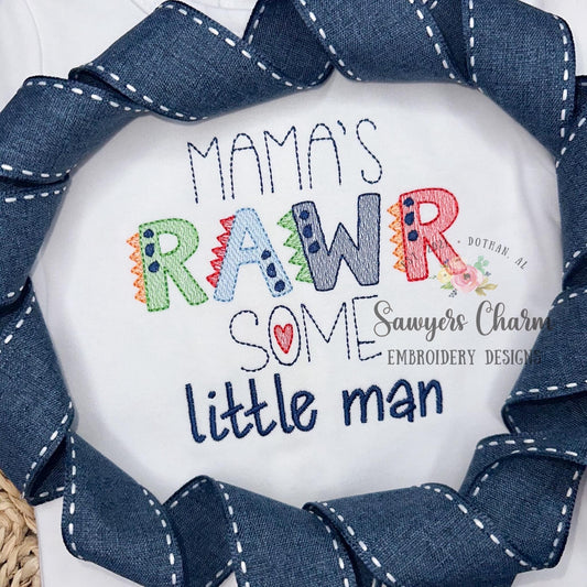 Mama's RAWR some Little Man sketch stitch machine embroidery design file, baby boy, Mother's Day, Dinosaur, love, dinos, roar