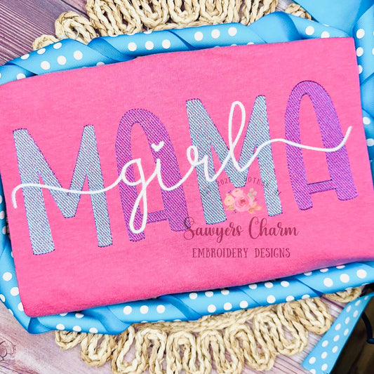 Girl Mama light fill sketch stitch machine embroidery design file, satin stitch, vintage retro, girly Mother's Day, mom, 12" through 6" wide