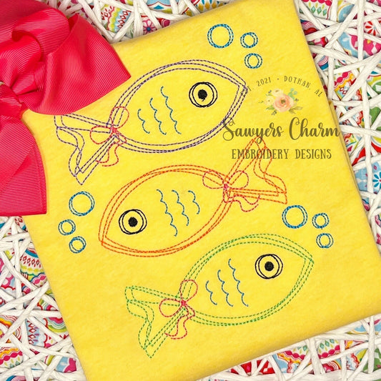 BUNDLE Squiggly fish in water with bubbles trio with/without bows, bean stitch machine embroidery design file, waves, ocean lake, summer