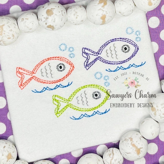 Squiggly fish in water with bubbles trio, quick stitch, vintage style, bean stitch machine embroidery design file, waves, ocean lake, summer