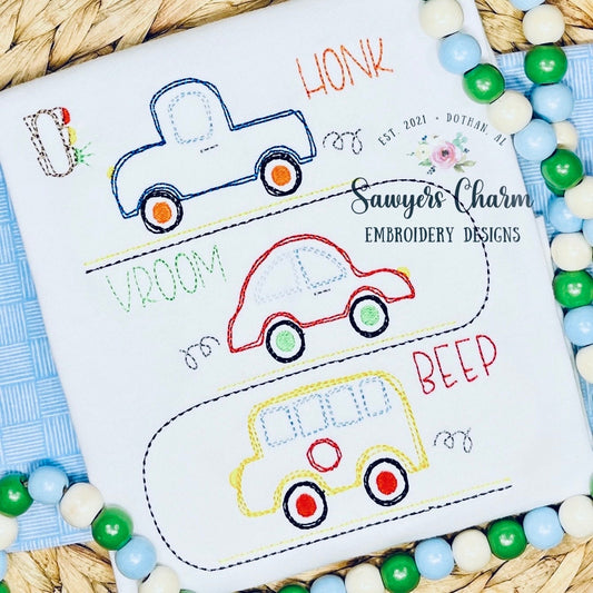 Squiggly truck, car, bus trio, quick stitch, vintage style, bean stitch machine embroidery design file, stoplight, road, honk, vroom, beep