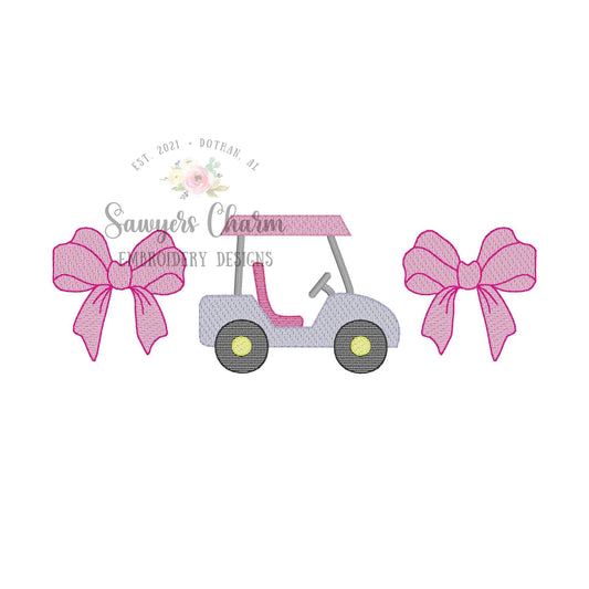 Golf cart & bows trio sketch stitch machine embroidery design file, quick stitch, spring summer sport, girl, coquette, ribbons, masters