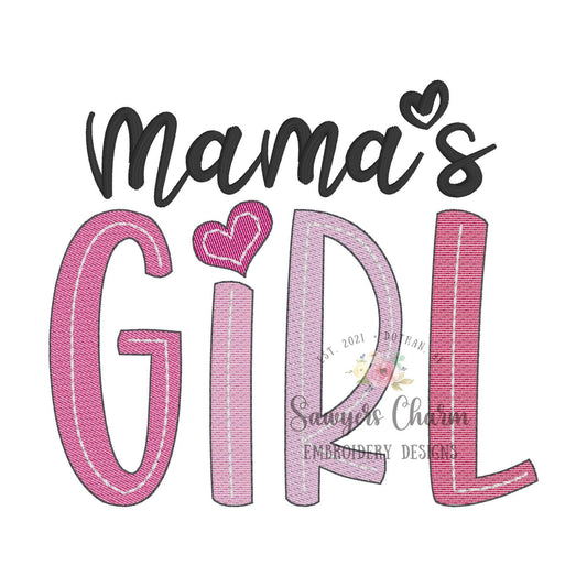 Mama's Girl light fill sketch stitch machine embroidery design file, satin stitch, vintage retro, girly Mother's Day, mom, baby girl, love