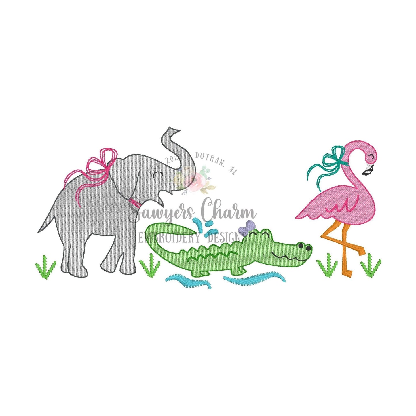 BUNDLE Zoo/jungle/safari animals with & without bows sketch stitch trio, machine embroidery design file, elephant, alligator, flamingo