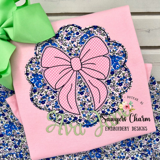 BUNDLE Scallop patch with bow bean & zigzag stitch machine applique, embroidery design file, quick stitch, coquette, girls, hair ribbon