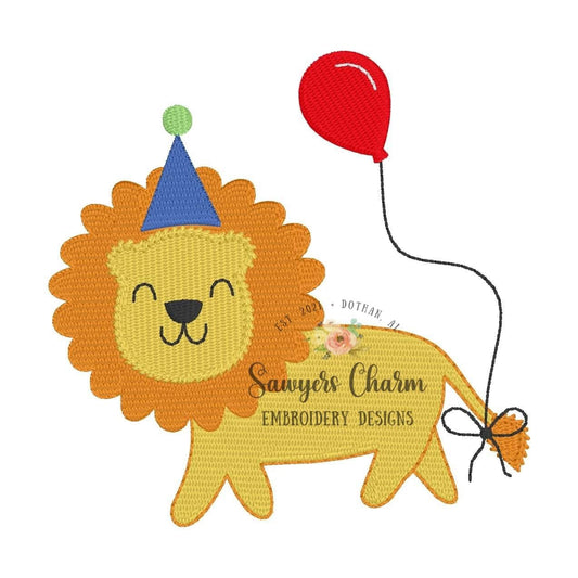 Mini fill party lion with hat & balloon, machine embroidery design file, jungle, zoo, birthday boy/girl, baby, left chest monogram