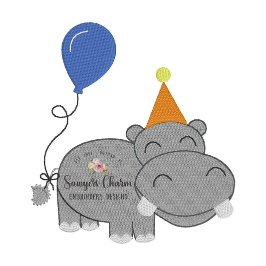 Mini fill party hippopotamus with hat & balloon, machine embroidery design file, jungle, zoo, birthday boy/girl, baby, left chest monogram