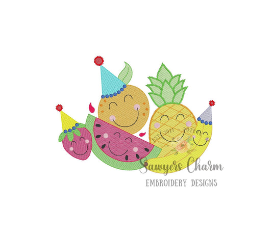 Birthday party fruit with hats sketch stitch machine embroidery design file, Two-tti fruity, summer, watermelon, pineapple, strawberry