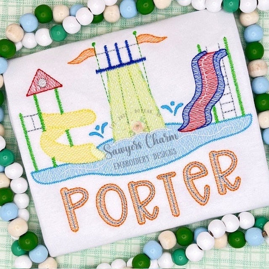 Water park slides trio sketch stitch machine embroidery design file, quick stitch, summer fun, pool, swimming, bean stitch details, play