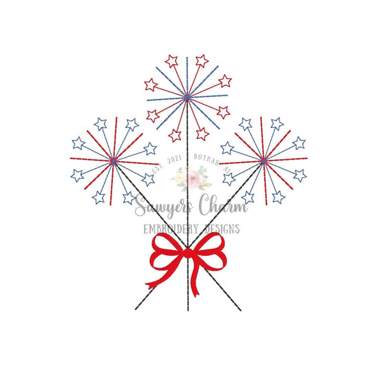 BUNDLE Sparklers with stars bean stitch machine embroidery design file, with/without bow, quick stitch, patriotic Fourth of July, summer