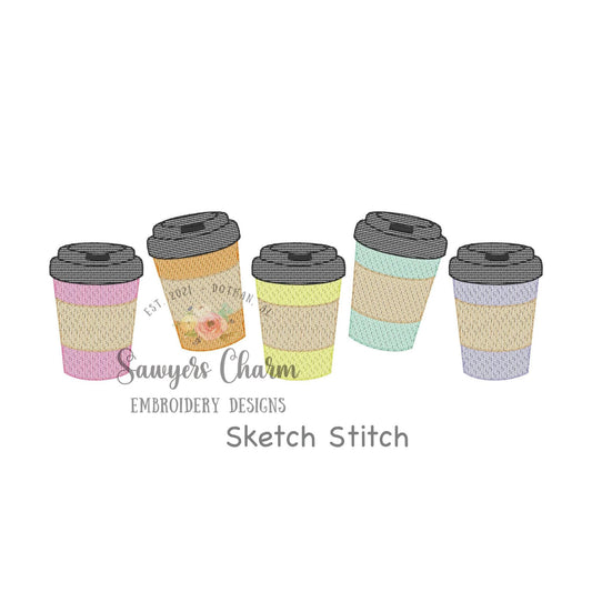 Coffee cups to go in a row, sketch stitch machine embroidery design file, quick stitch, sleeves, drinks, mom life on the go, cappuccino