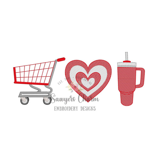 Shopping cart, heart bullseye, to go tumbler cup trio sketch stitch machine embroidery design file, quick stitch, mom life, mini me,