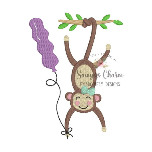 Mini fill party monkey on vine with bow & balloon, machine embroidery design file, jungle, zoo, birthday boy/girl, baby, left chest monogram