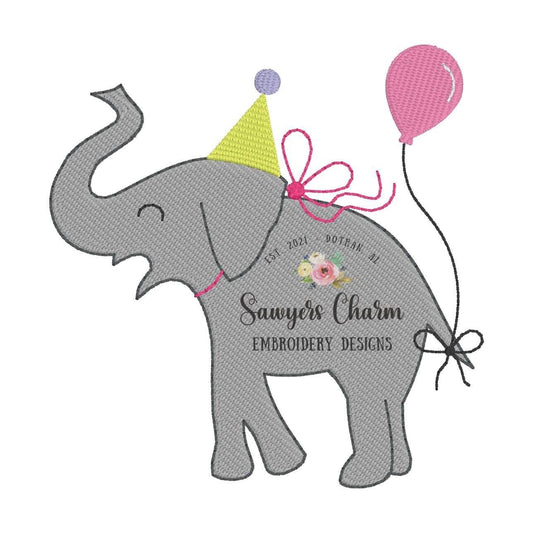 Mini fill party elephant with bow & balloon, machine embroidery design file, jungle, zoo, birthday boy/girl, baby, left chest monogram