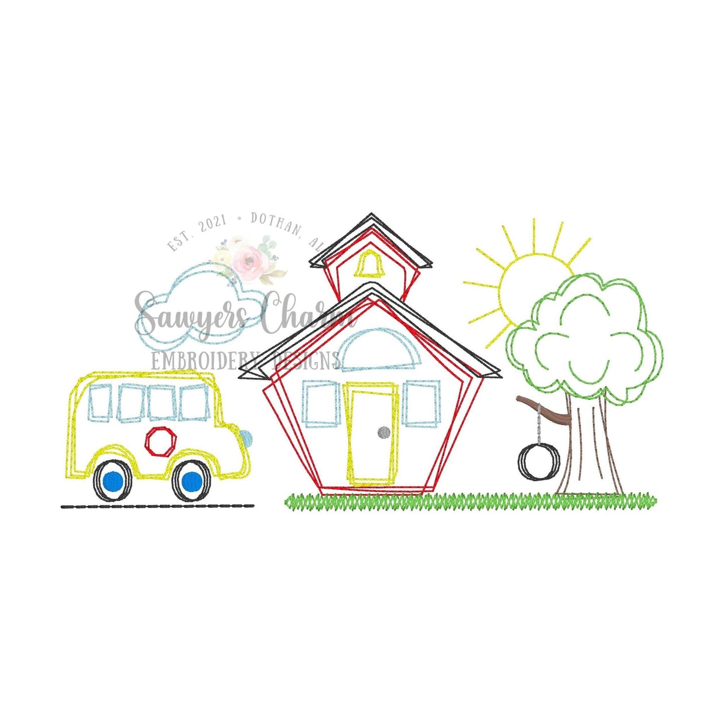 BUNDLE Squiggly Back to school bus, school house, tree with swing trio with/without bow, bean stitch embroidery design file, quick stitch