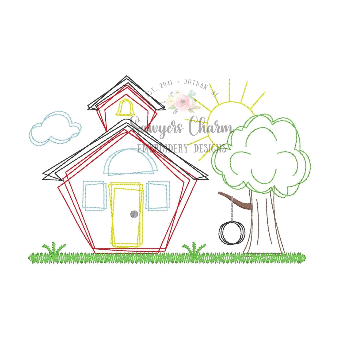BUNDLE Squiggly school house & tree with swing with/without bow/flowers, bean stitch embroidery design file, quick stitch, back to school
