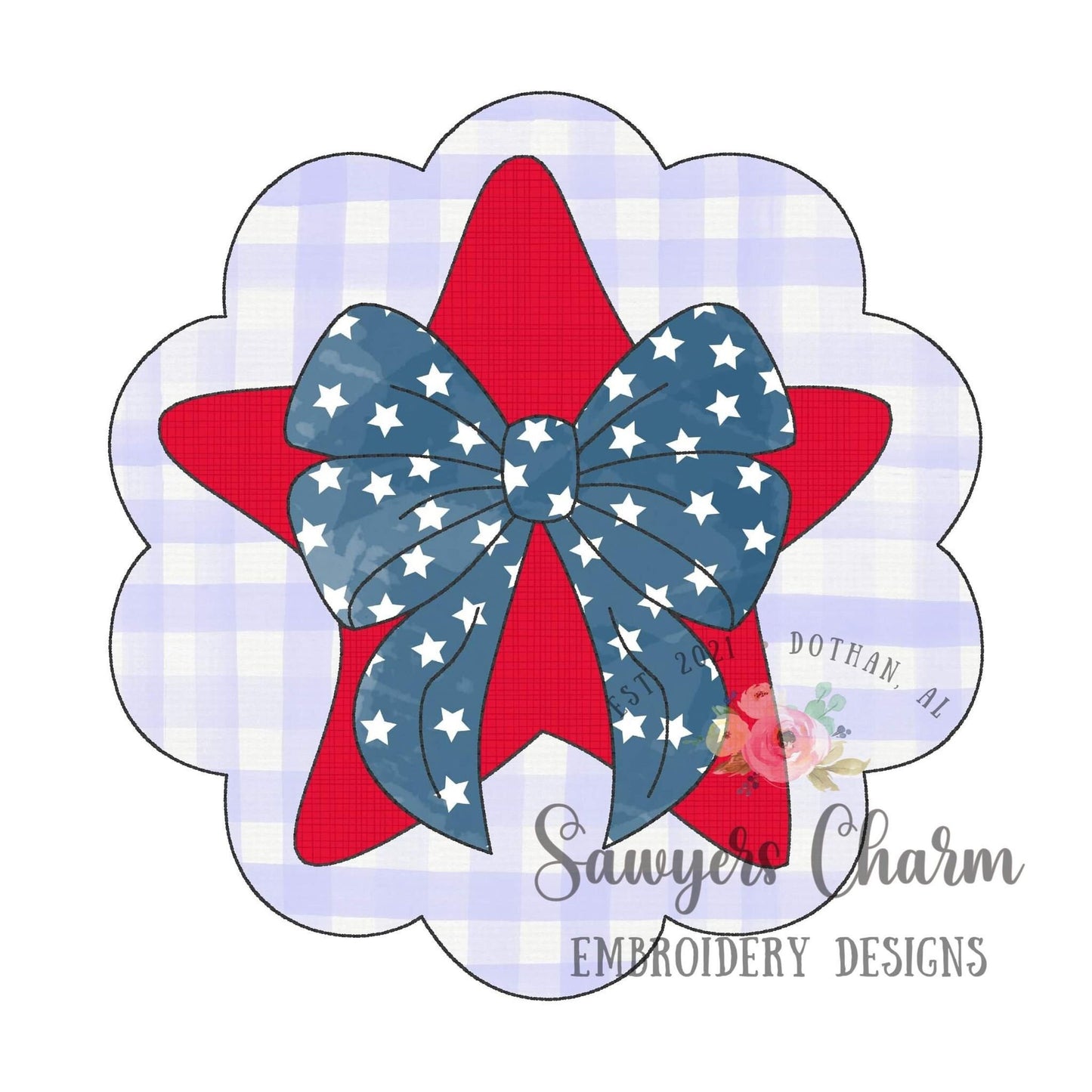 BUNDLE Star in scallop patch with bow bean & zigzag stitch machine embroidery design file, July 4th, patriotic, stars/stripes, America