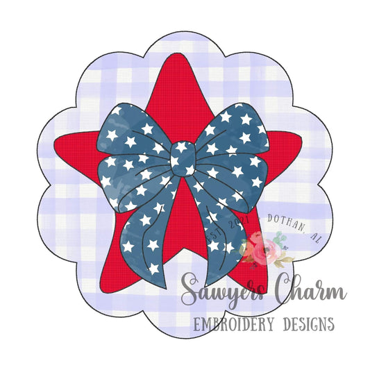 BUNDLE Star in scallop patch with bow bean & zigzag stitch machine embroidery design file, July 4th, patriotic, stars/stripes, America