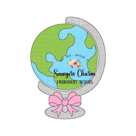 BUNDLE Globe with bow bean & zig zag stitch applique, machine embroidery design file, quick stitch, Back to school, planet earth, geography