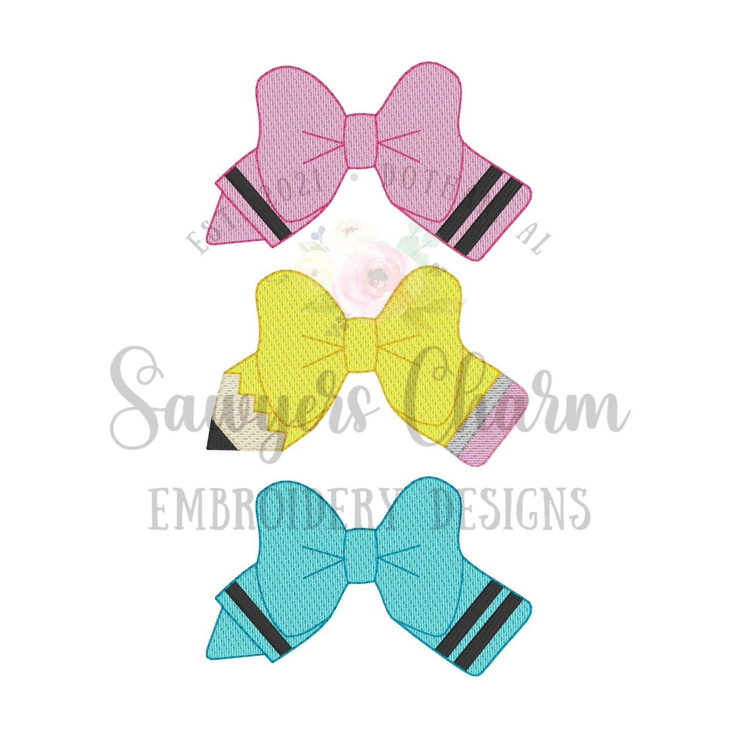 Crayon & pencil bow trio sketch stitch machine embroidery design file, quick stitch, colors, back to school, coquette, school supplies