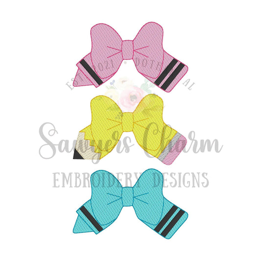 Crayon & pencil bow trio sketch stitch machine embroidery design file, quick stitch, colors, back to school, coquette, school supplies