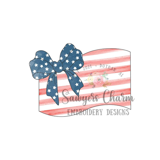 American flag with bow bean stitch machine applique embroidery design, July 4th, patriotic, stars & stripes, girl, summer, Memorial Day