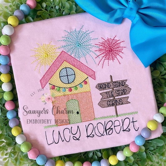Colorful cabin with signs, lights, & fireworks fair scene sketch stitch machine embroidery design file, county fair, summer, rides
