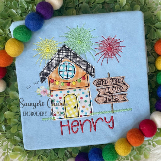 Colorful cabin with signs, lights, & fireworks fair scene bean stitch machine applique embroidery design file, county fair, summer, rides