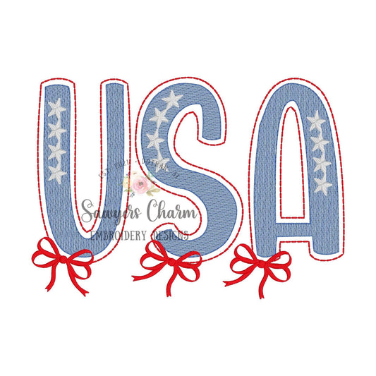 BUNDLE USA with & without bows sketch stitch machine embroidery design, bean stitch, 4th of July, patriotic, stars/stripes, red white blue